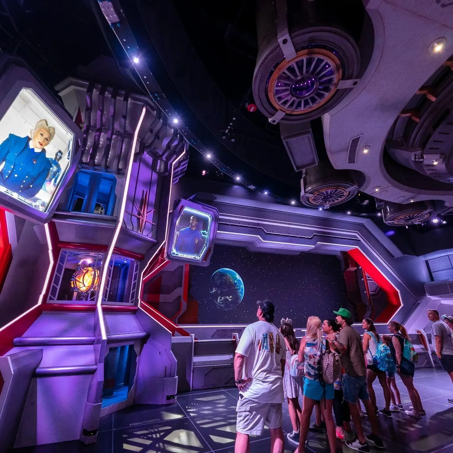 Guests in the spaceship-themed queue of Guardians of the Galaxy: Cosmic Rewind at EPCOT, Walt Disney World