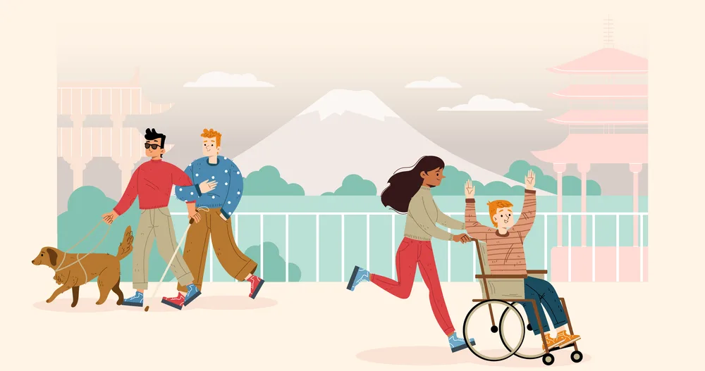 Illustration of travelers with disabilities, including a guide dog user and a wheelchair user, sightseeing