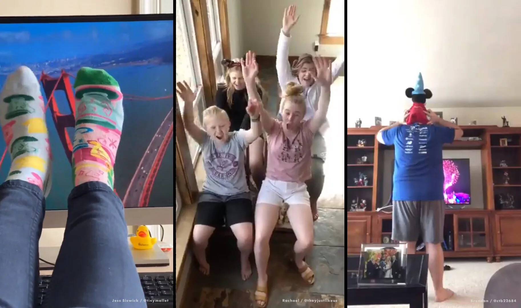 Stills from ride videos showing people at home reacting to virtual theme park rides