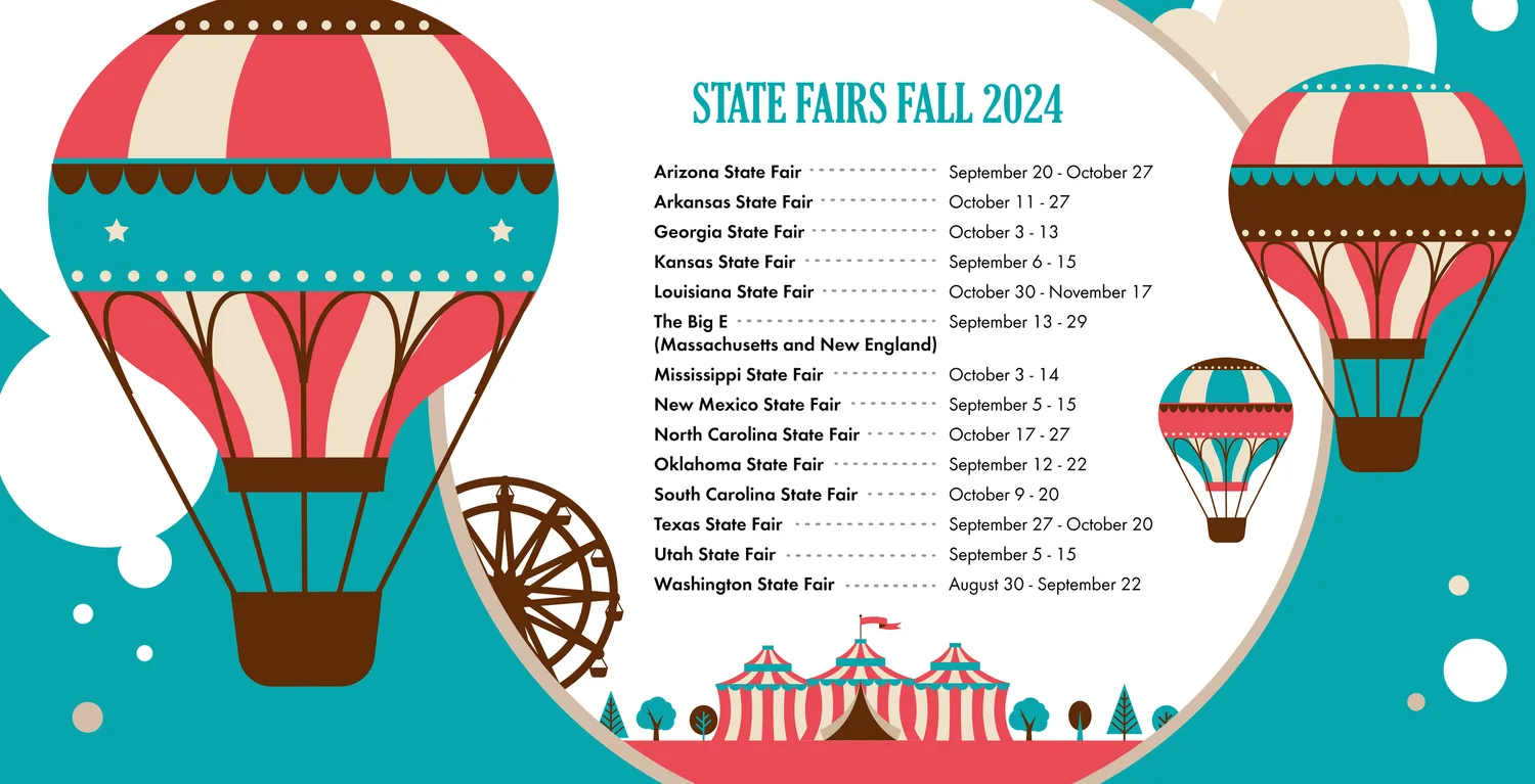 Illustrated graphic listing State Fairs Fall 2024 with dates, from Arizona to Washington, framed by hot air balloons