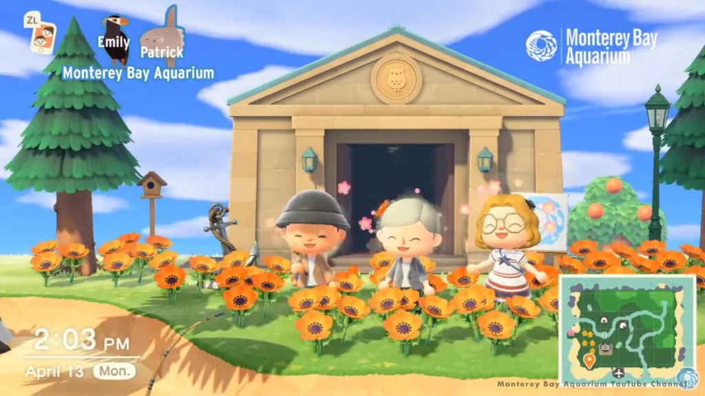 Monterey Bay Aquarium staff avatars outside a museum building on an Animal Crossing island