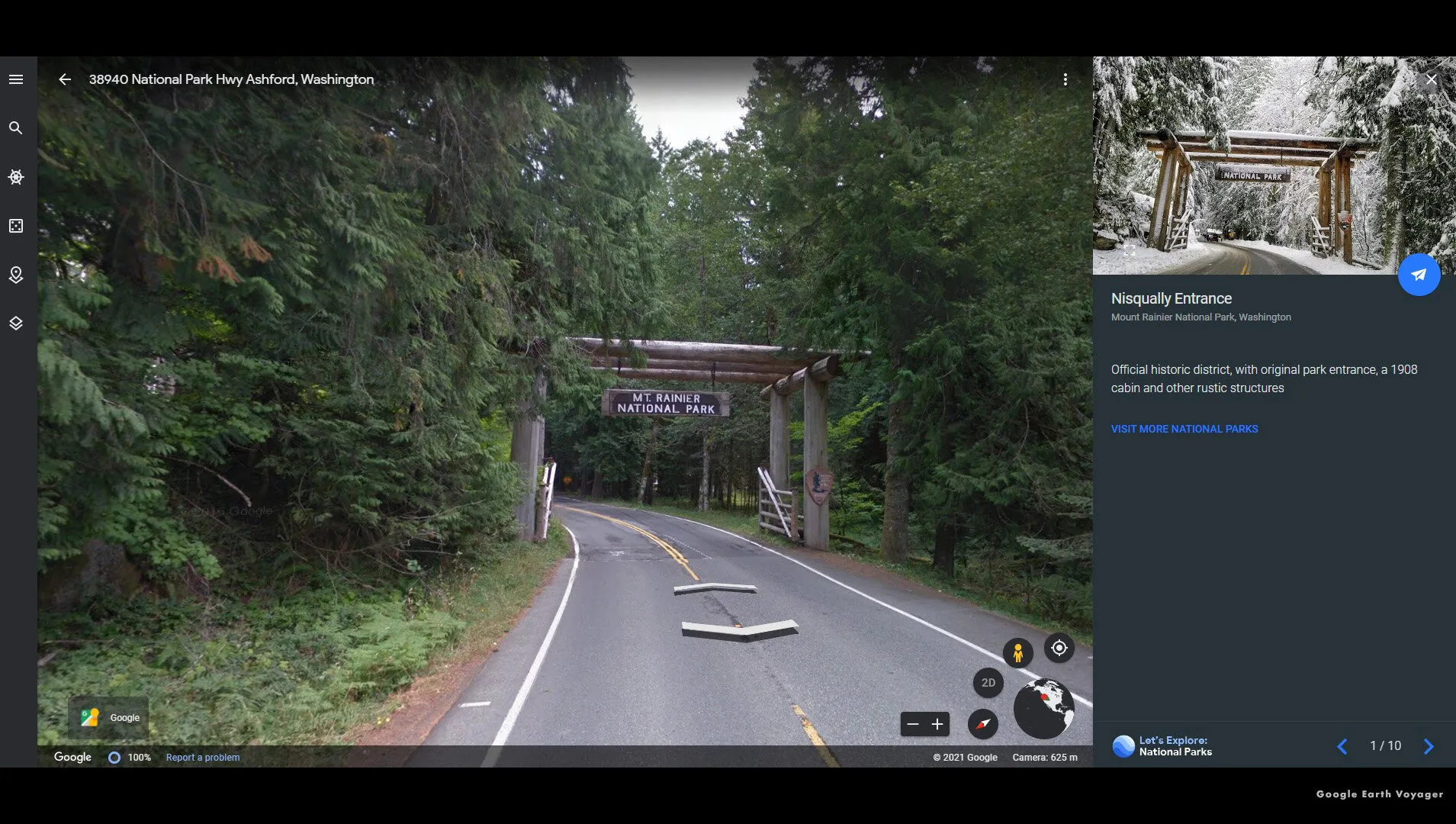 Google Earth guided tour showing the Nisqually Entrance road to Mount Rainier National Park