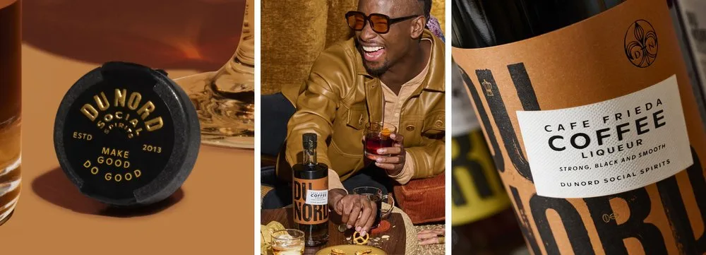 Du Nord Social Spirits bottles and a smiling man enjoying a cocktail, including Cafe Frieda Coffee Liqueur