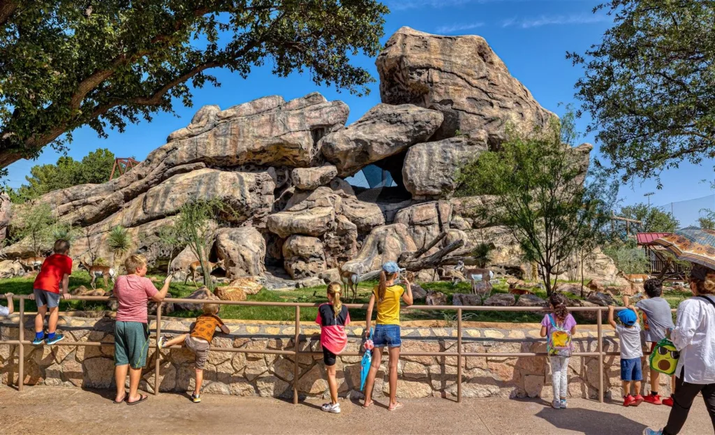 Visitors viewing towering sculpted rockwork in the Chihuahuan Desert exhibit at El Paso Zoo