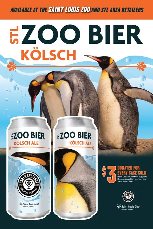 Saint Louis Zoo STL Zoo Bier Kolsch poster with king penguins and beer cans