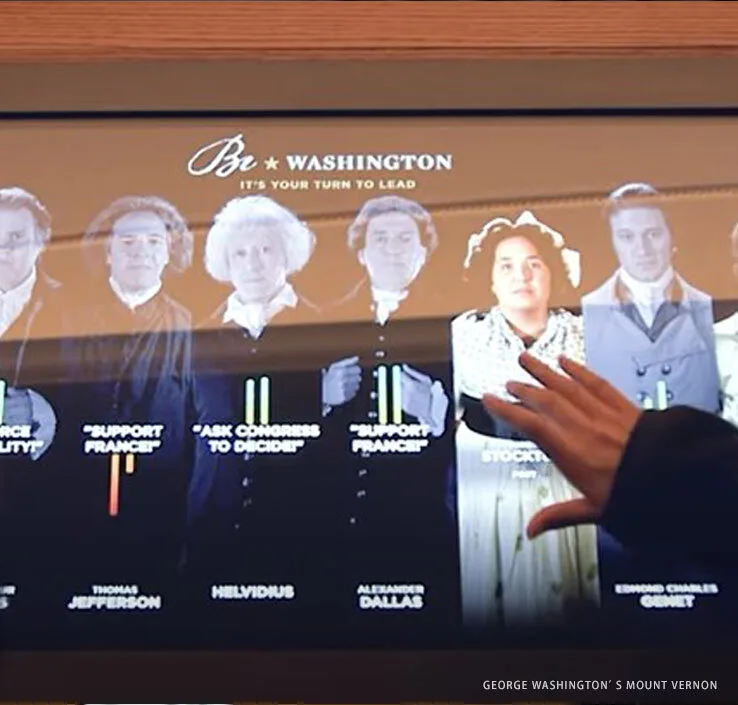 Be Washington exhibit screen at George Washington's Mount Vernon showing advisers and choices for visitors to vote on