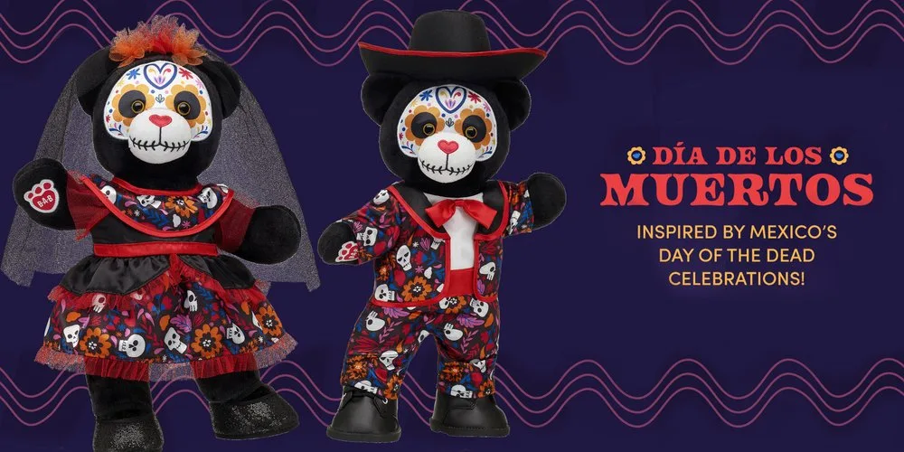 Build-A-Bear Dia de los Muertos banner with two sugar-skull bears in festive outfits