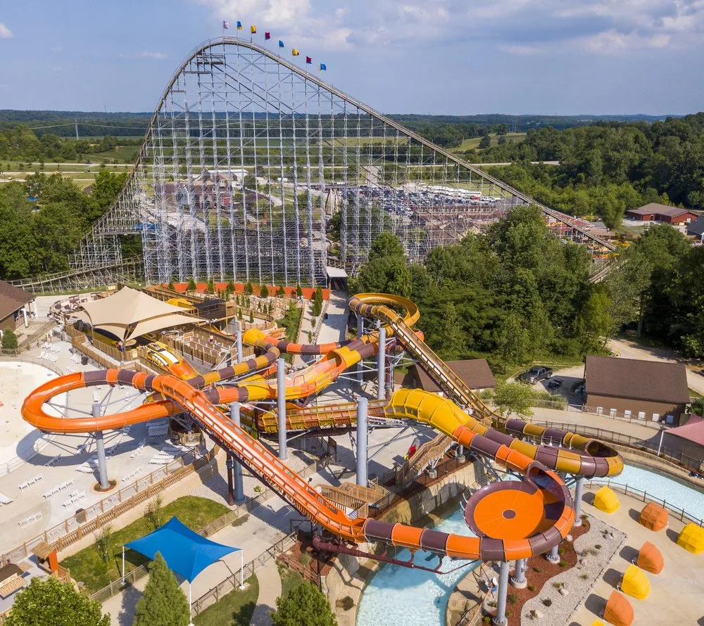 Aerial view of Holiday World's Cheetah Chase water coaster with The Voyage wooden roller coaster behind
