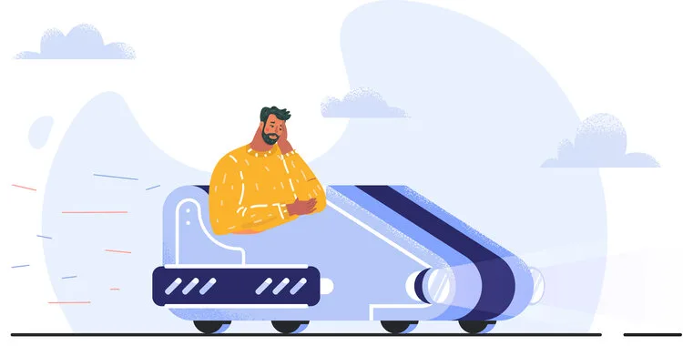 Illustration of a man riding a bumper car with his head in his hand