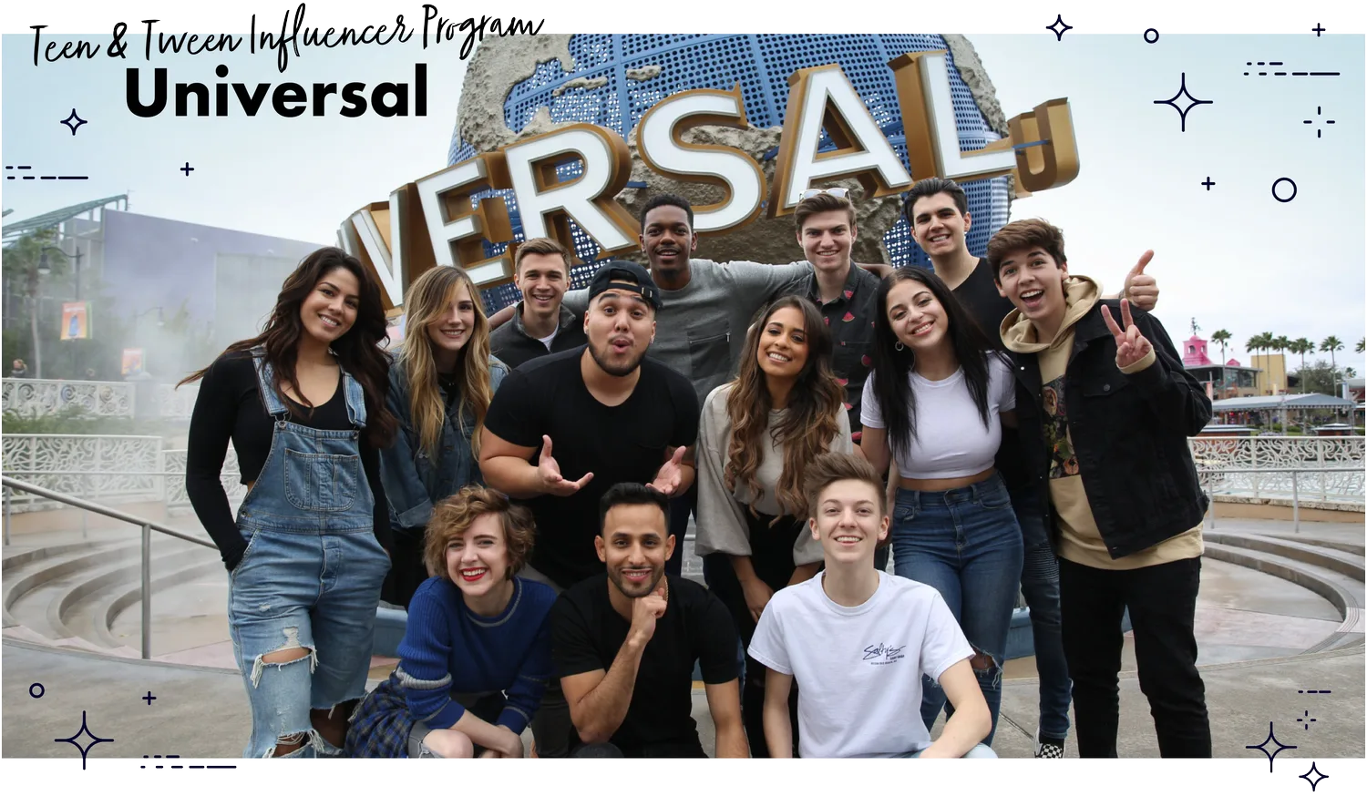 Universal Teen and Tween Influencer Program group posing in front of the Universal globe