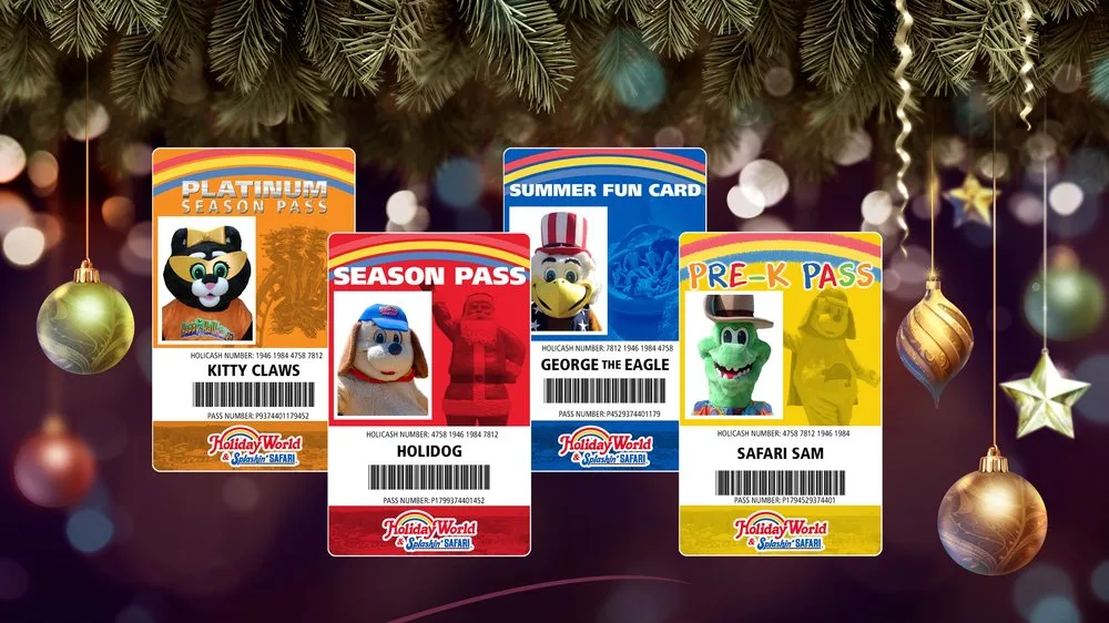 Holiday World season pass cards, including the new Pre-K Pass, among holiday ornaments