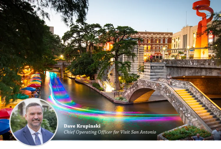 San Antonio River Walk at dusk with an inset headshot of Dave Krupinski, Chief Operating Officer for Visit San Antonio