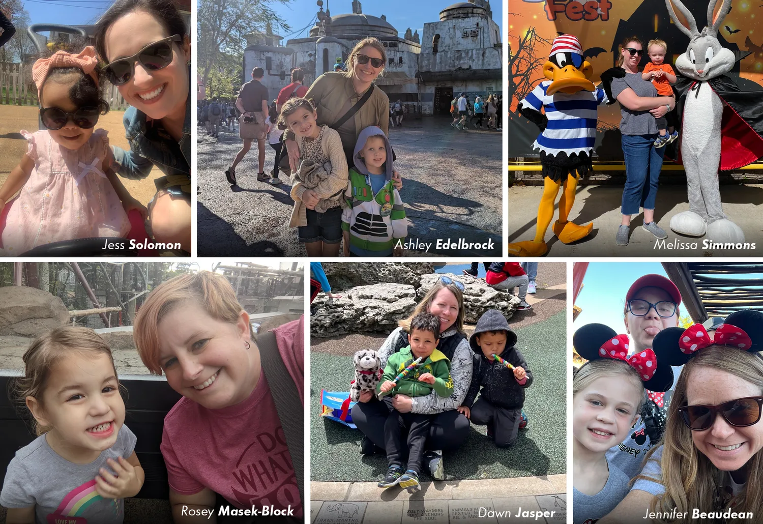Collage of PGAV mothers with their young children at theme parks, zoos and outings