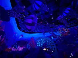 Glowing blue and purple immersive ocean gallery with suspended sculptures at SeaWorld Abu Dhabi