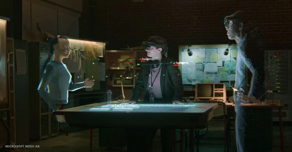 People collaborating around a holographic table display with Microsoft Mesh mixed reality