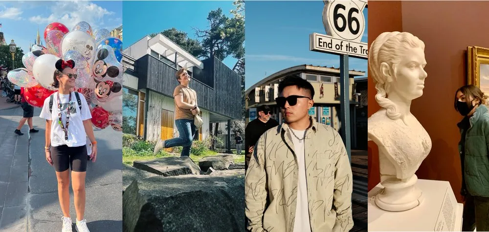Collage of PGAV interns visiting a theme park, a modern house, a Route 66 sign and an art museum