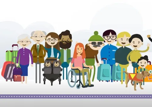 Cover illustration of diverse travelers with luggage, mobility aids and a guide dog for a guide to accessible tourism