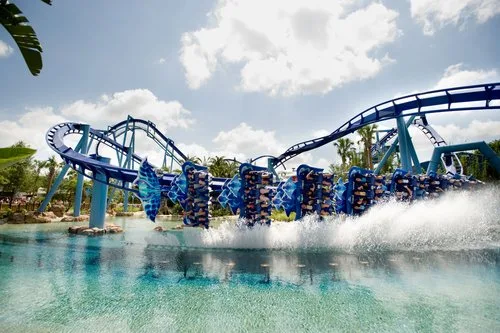 Manta flying roller coaster skimming the water with a splash at SeaWorld Orlando