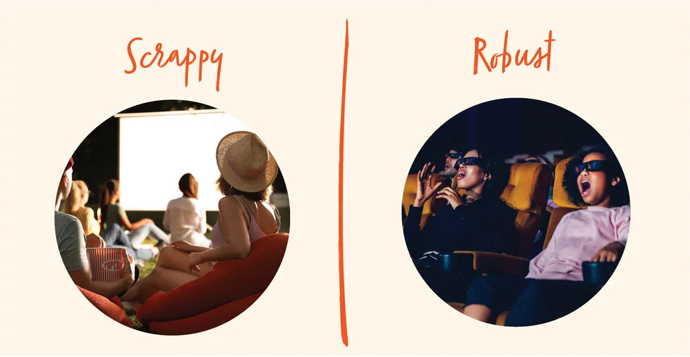 Scrappy vs. robust film: guests watching an outdoor movie beside an audience in 3D glasses at a 4D theater