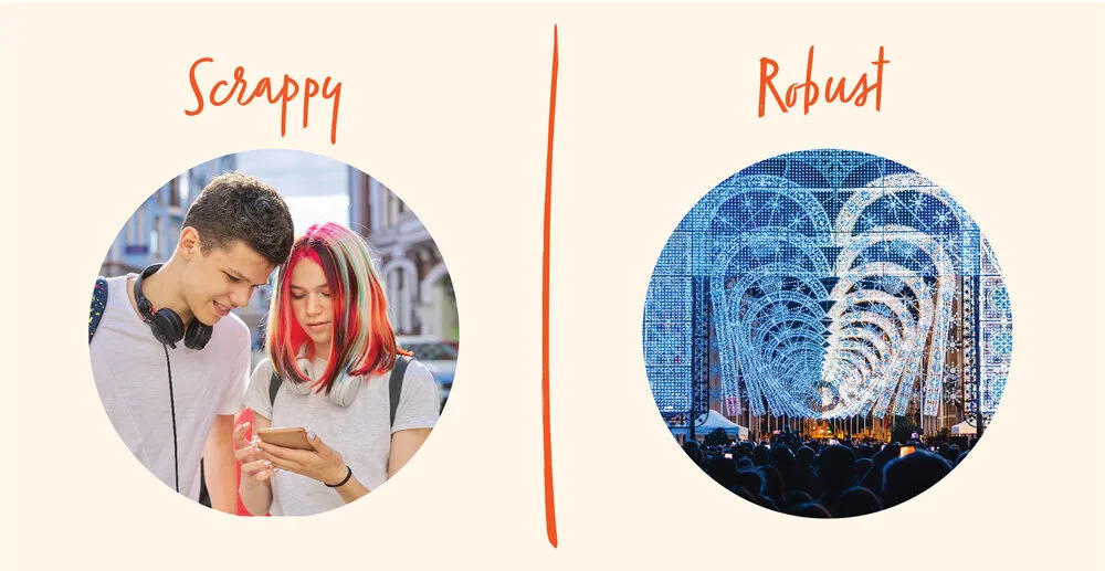 Scrappy vs. robust events: teens looking at a phone beside a crowd under a glowing arched light installation at night