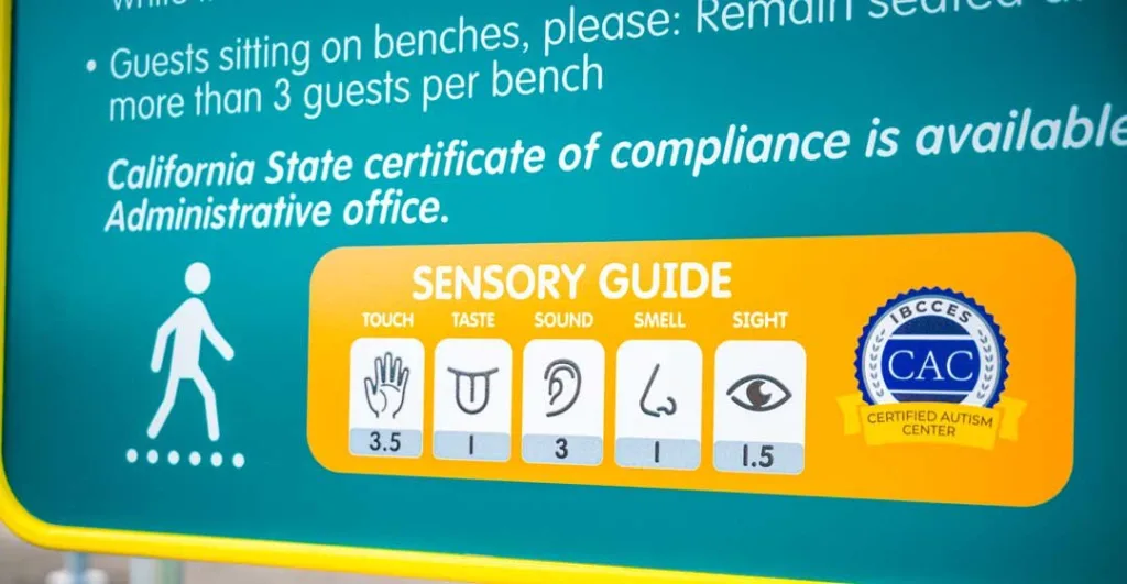 Ride sign with a Sensory Guide rating touch, taste, sound, smell and sight at Sesame Place San Diego