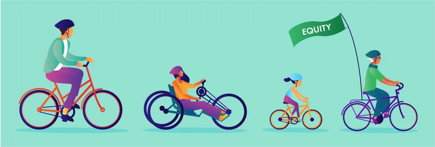 Illustration of equity: each rider given a bicycle fitted to their needs, including a hand cycle