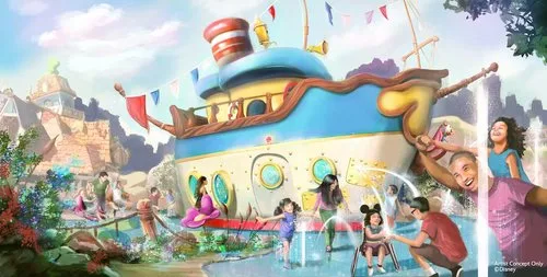 Rendering of Mickey's Toontown Reimagined with kids playing in fountains before Donald's boat