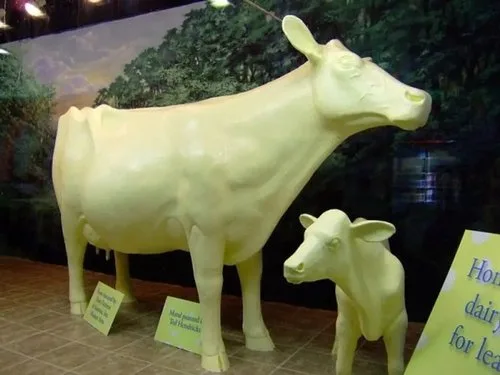 Life-size butter sculpture of a cow and calf on display at a state fair