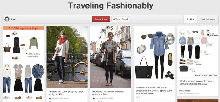 Pinterest board titled Traveling Fashionably with outfit ideas for a trip