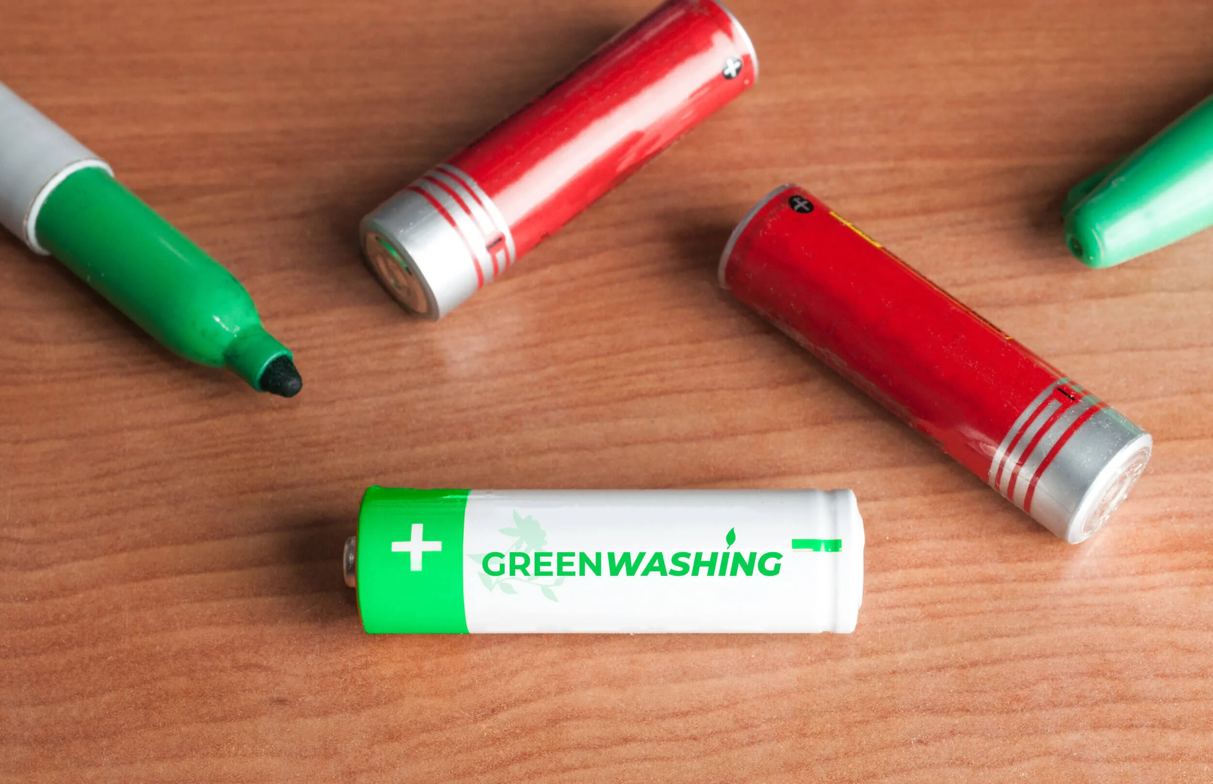Battery labeled Greenwashing lying among red and green markers on a wooden table