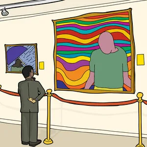 Illustration of a man in a suit viewing a colorful painting behind a velvet rope in an art museum