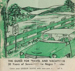 Cover of The Negro Traveler's Green Book, the guide for travel and vacations, showing a car on Route 101
