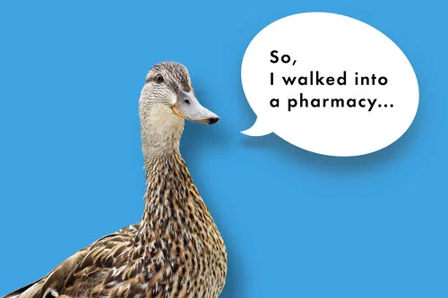 Mallard duck on a blue background with a speech bubble reading So, I walked into a pharmacy