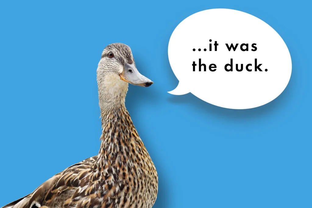 Mallard duck on a blue background with a speech bubble reading ...it was the duck