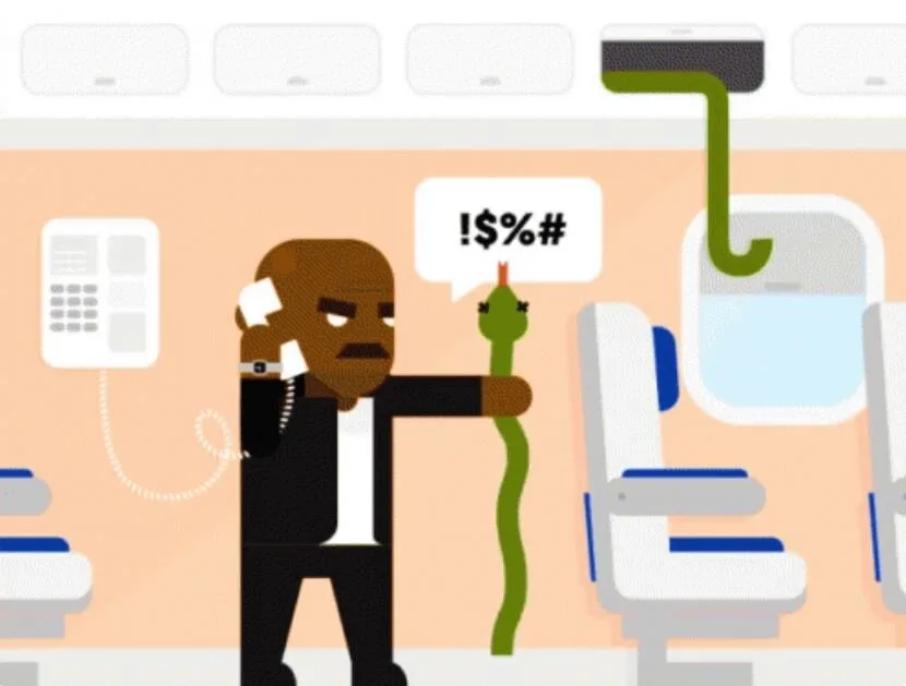 Cartoon of Samuel L. Jackson's Snakes on a Plane character yanking a snake from an airplane cabin