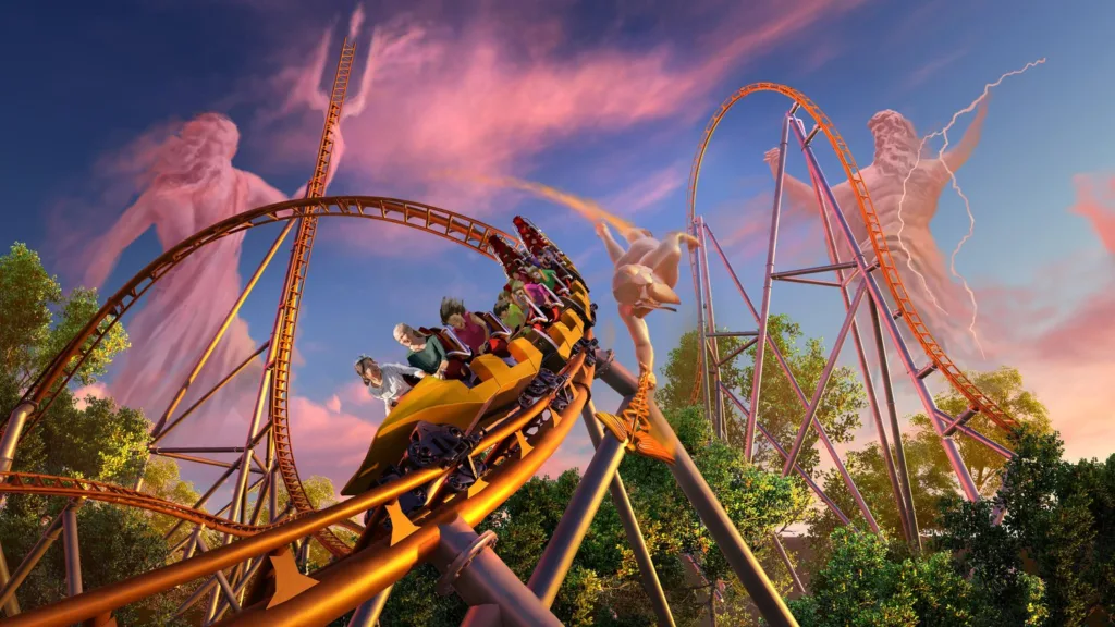 Key visual of riders on the Pantheon roller coaster at Busch Gardens Williamsburg with mythic gods in the sky