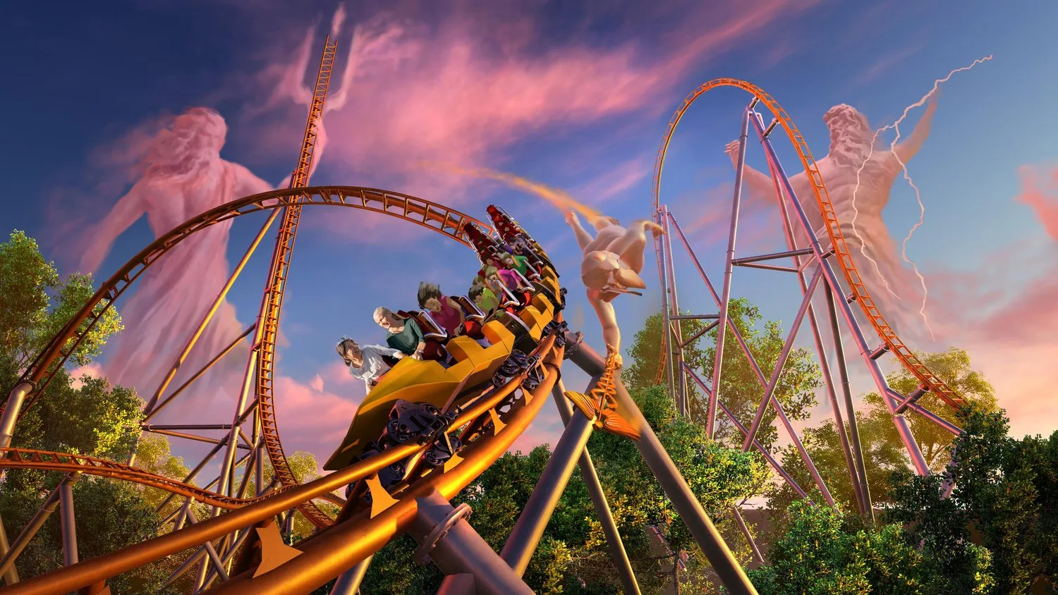 Key visual of riders on the Pantheon roller coaster at Busch Gardens Williamsburg with mythic gods in the sky