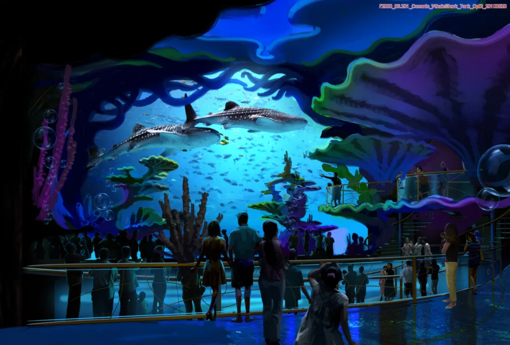 Concept rendering of guests before a giant aquarium window with whale sharks, framed by stylized coral forms
