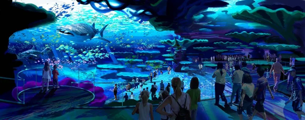 Panoramic concept rendering of a vast whale shark aquarium viewing hall filled with visitors