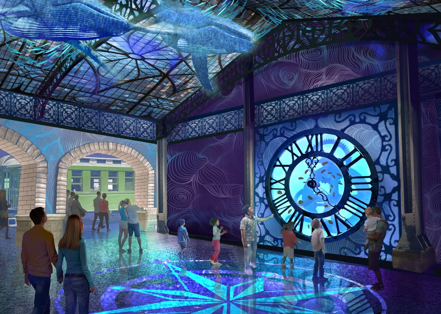 Rendering of an entry hall with a giant illuminated clock face, projected whales overhead and a vintage train car