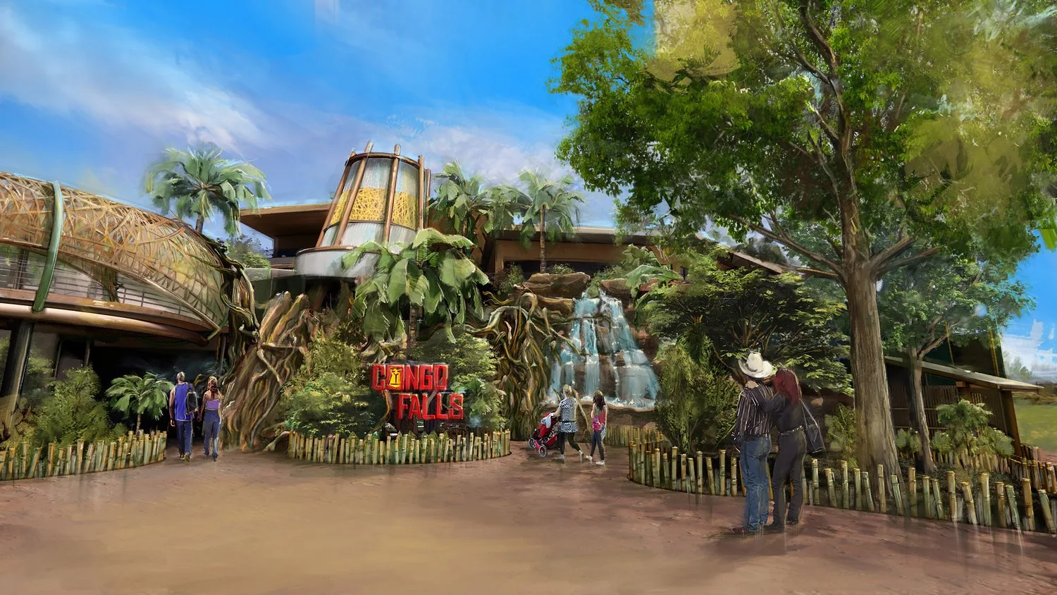 Rendering of the Congo Falls gorilla habitat entry at San Antonio Zoo, with a waterfall, lush plantings and guests