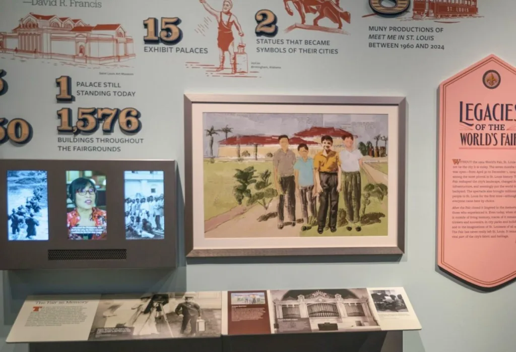 Legacies of the World's Fair exhibit wall with painted artwork of four Filipino men, video screens and fair statistics