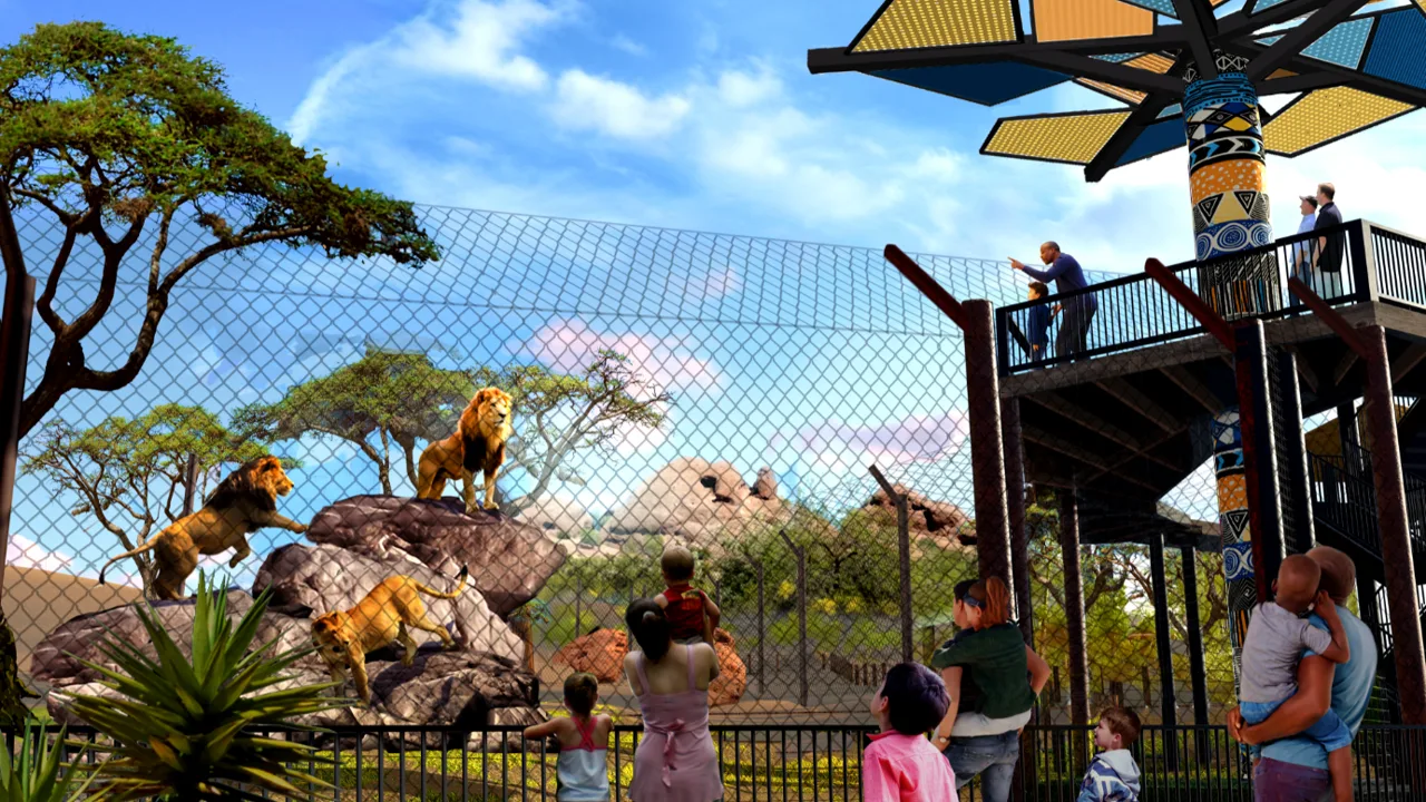 Rendering of Predator Passage at the Phoenix Zoo, with guests on a viewing tower overlooking lions on rocks