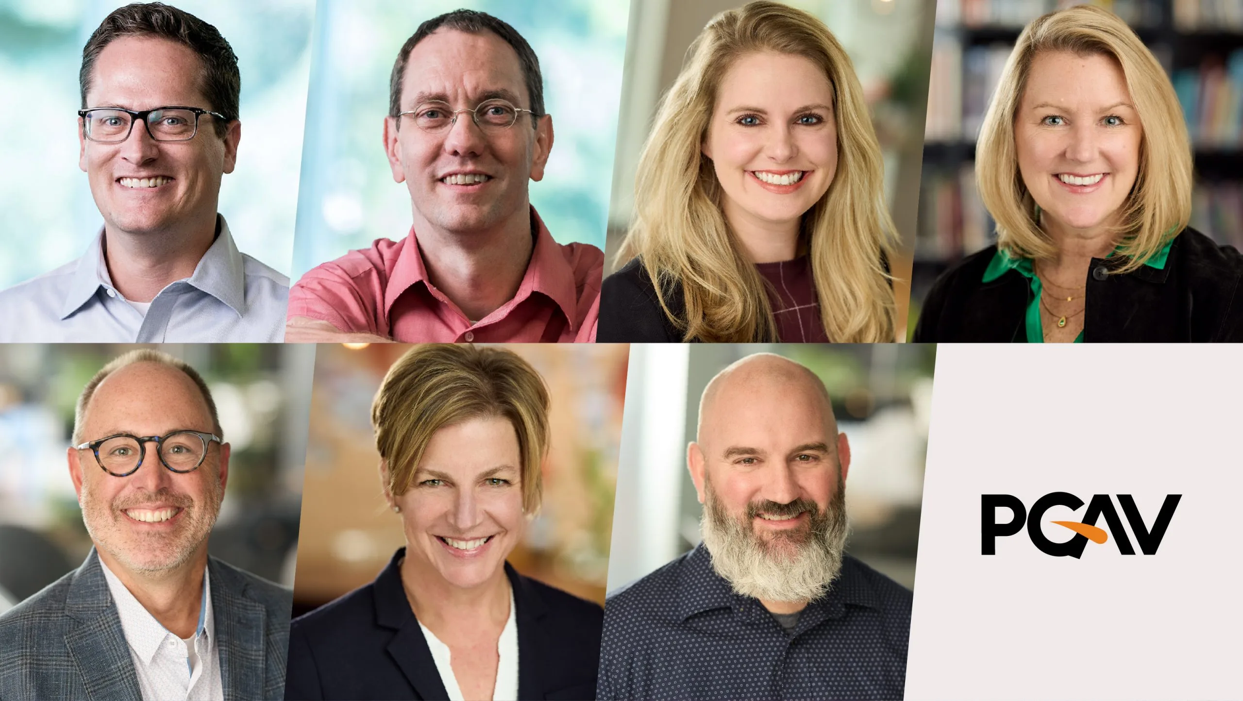 Headshots of the seven members of PGAV Destinations' expanded ownership team beside the PGAV logo