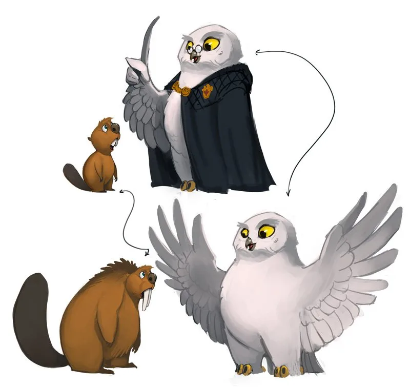 Character sketches of Chip the beaver and a snowy owl in a scholar's robe