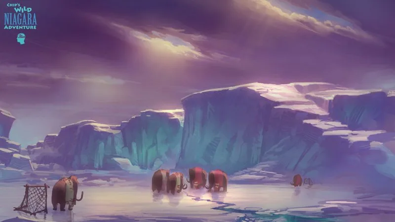 Concept art for Chip's Wild Niagara Adventure showing woolly mammoths crossing an icy landscape