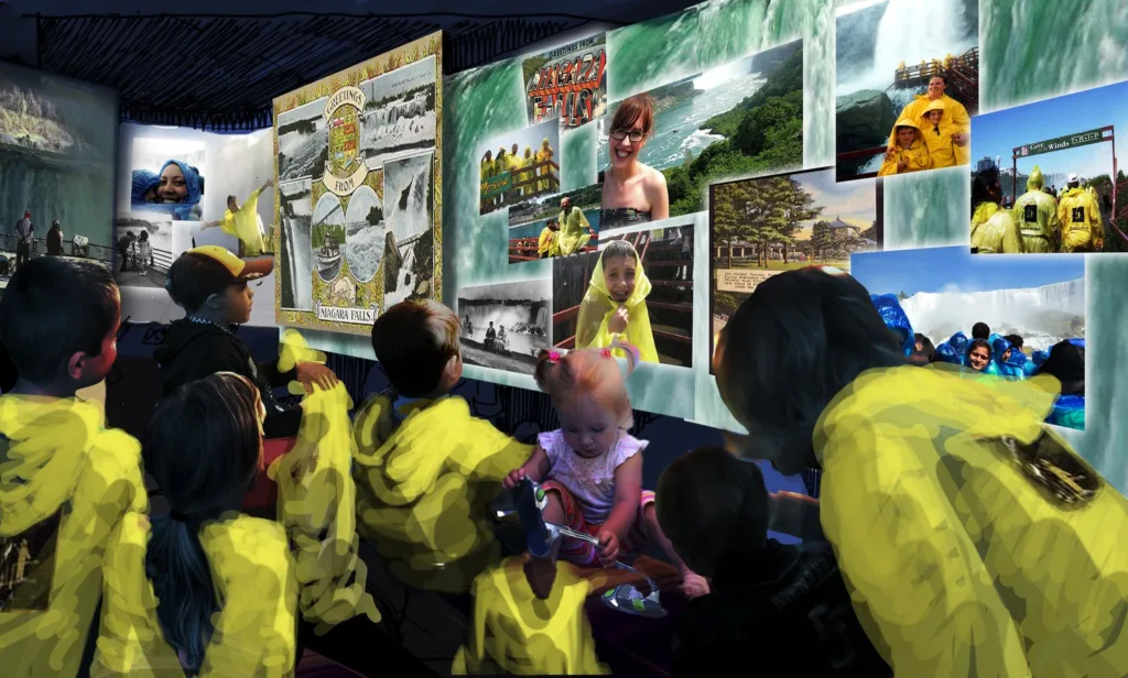 Concept rendering of guests in yellow ponchos watching a photo collage preshow at Cave of the Winds, Niagara Falls