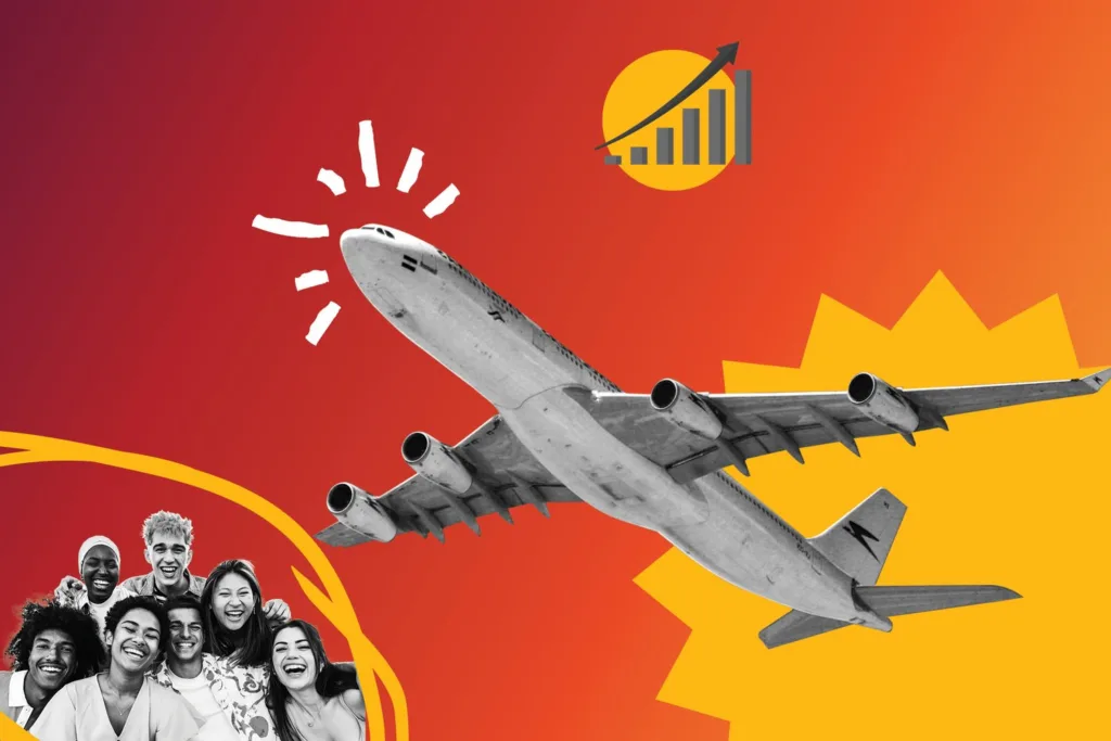Collage of a jet airliner, a smiling multigenerational group and a rising bar chart icon on an orange background