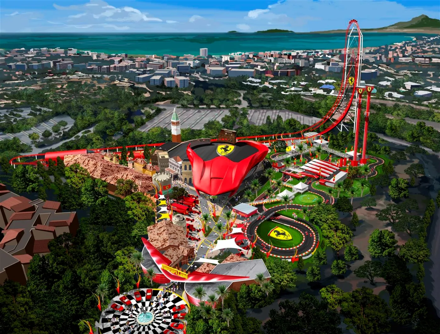 Aerial rendering of Ferrari Land at PortAventura with a red launch coaster tower and racing-themed attractions