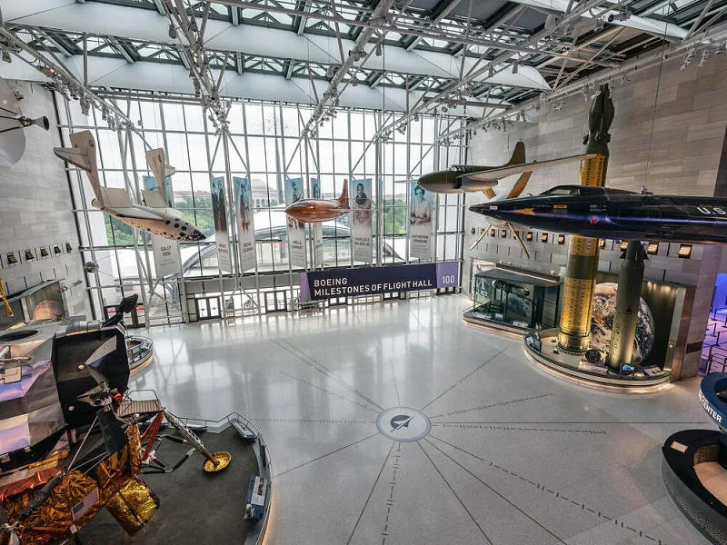 Boeing Milestones of Flight Hall at the National Air and Space Museum, with historic aircraft and spacecraft on display
